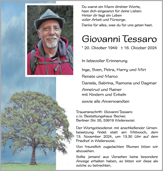 Traueranzeige von Giovanni Tessaro von Tageszeitung
