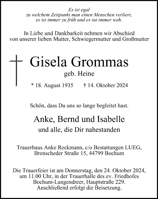 Traueranzeige von Gisela Grommas von Tageszeitung