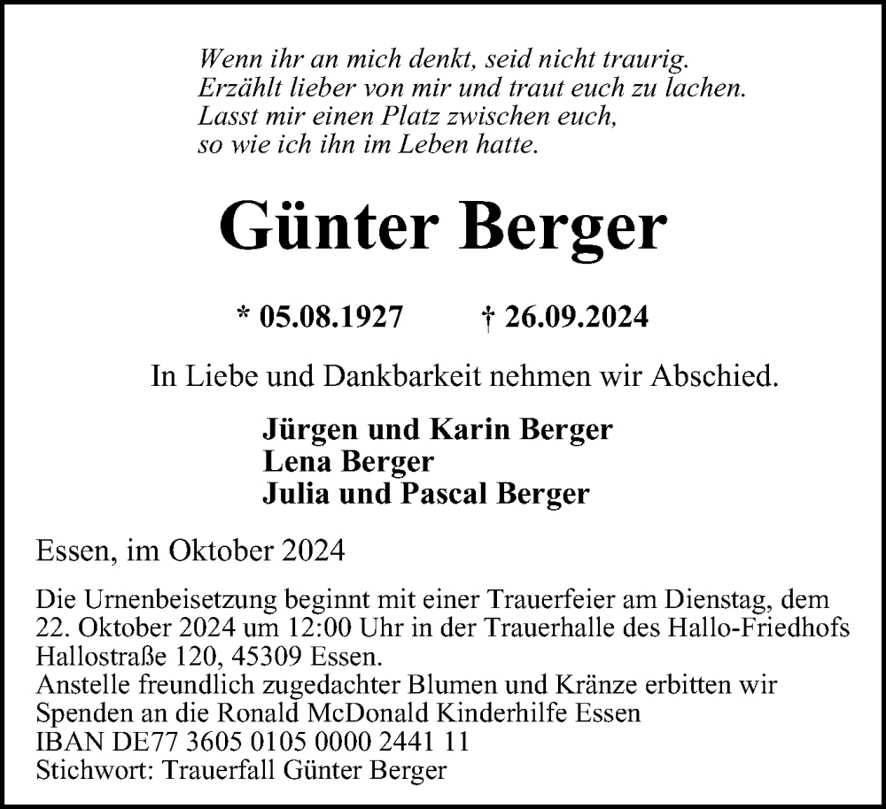  Traueranzeige für Günter Berger vom 12.10.2024 aus Tageszeitung