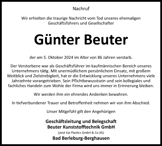 Traueranzeige von Günter Beuter von Tageszeitung