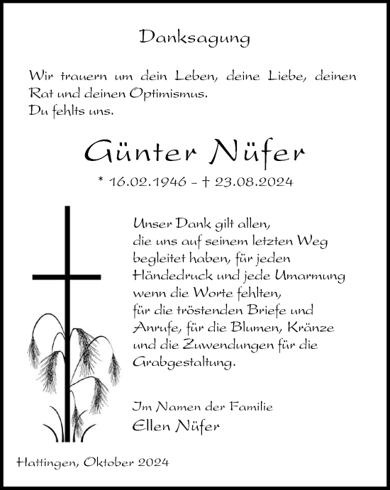 Traueranzeige von Günter Nüfer von Tageszeitung