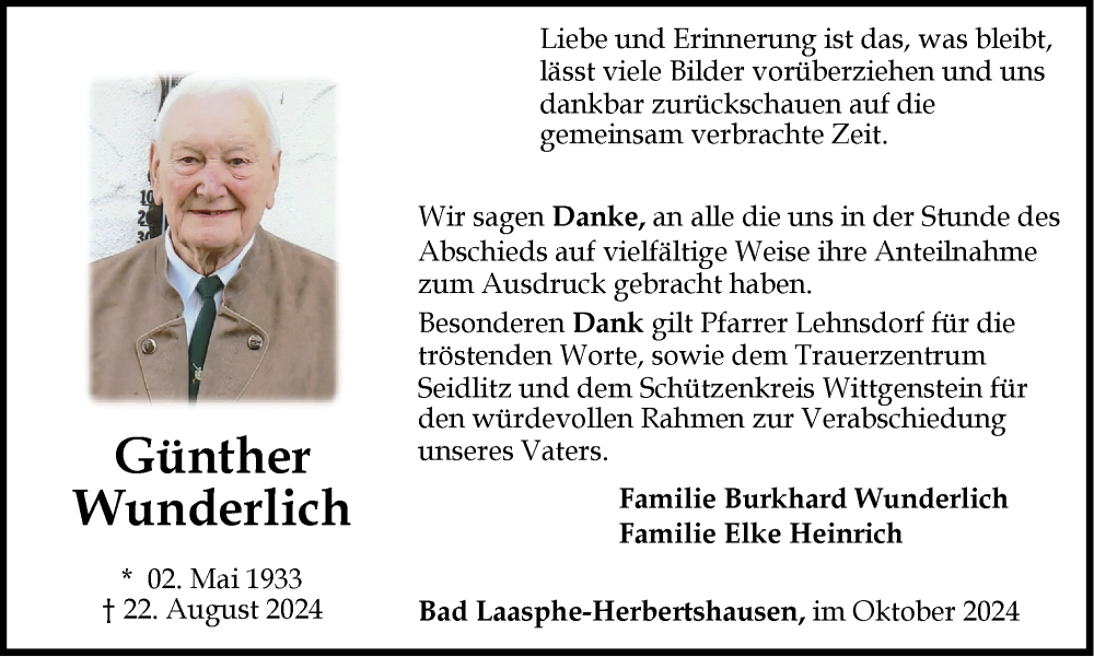  Traueranzeige für Günther Wunderlich vom 23.10.2024 aus Tageszeitung
