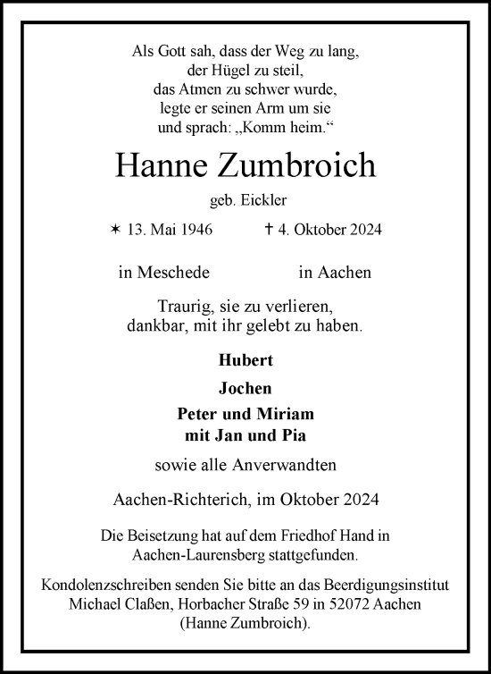 Traueranzeige von Hanne Zumbroich von Tageszeitung