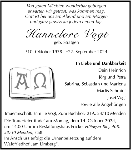 Traueranzeige von Hannelore Vogt von Tageszeitung