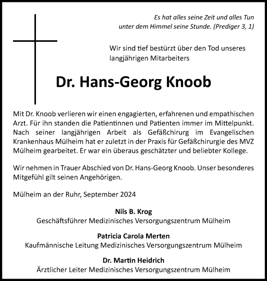 Traueranzeige von Hans-Georg Knoob von Tageszeitung
