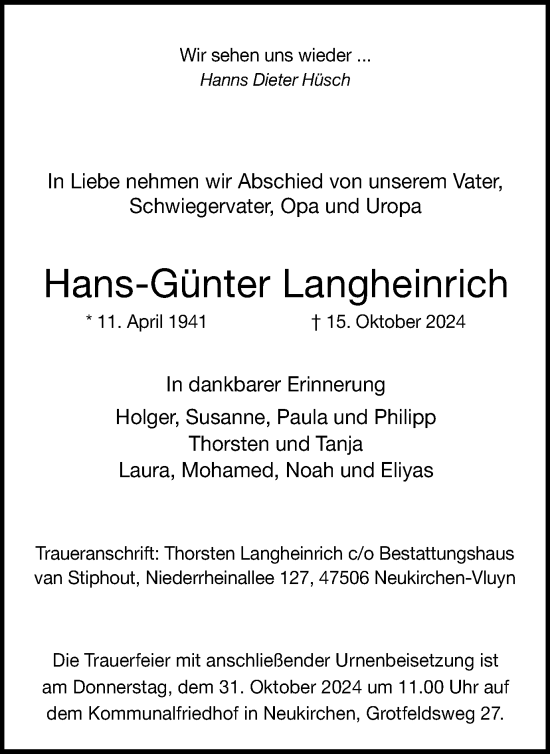 Traueranzeige von Hans-Günter Langheinrich von Tageszeitung