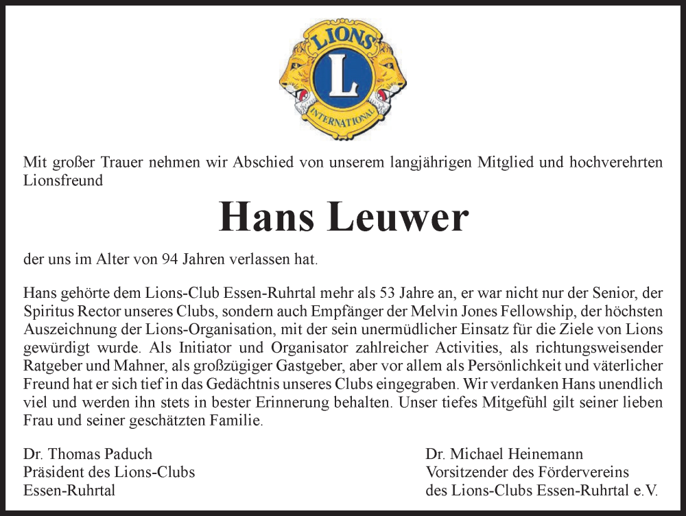  Traueranzeige für Hans Leuwer vom 26.10.2024 aus Tageszeitung