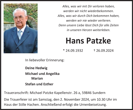 Traueranzeige von Hans Patzke von Tageszeitung