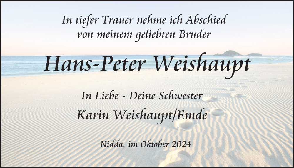  Traueranzeige für Hans Peter Weishaupt vom 12.10.2024 aus Tageszeitung