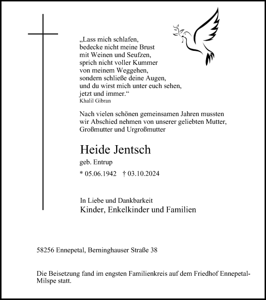 Traueranzeige von Heide Jentsch von Tageszeitung