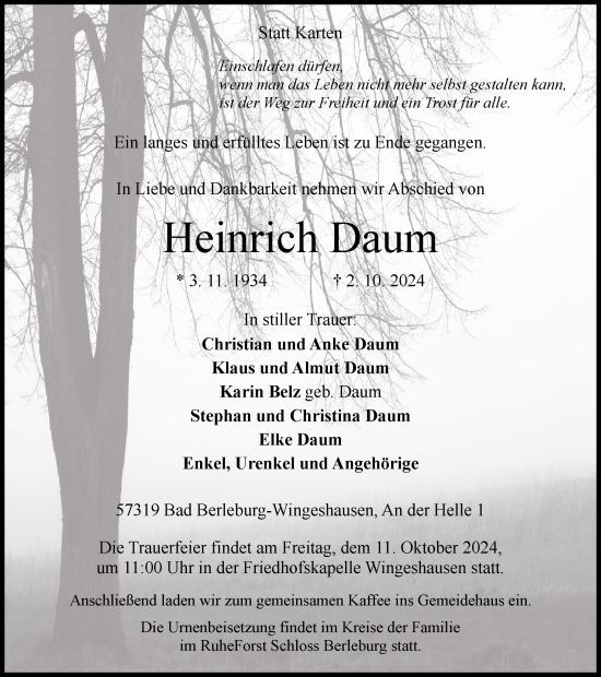 Traueranzeige von Heinrich Daum von Tageszeitung