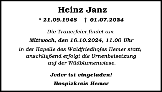 Traueranzeige von Heinz Janz von Tageszeitung