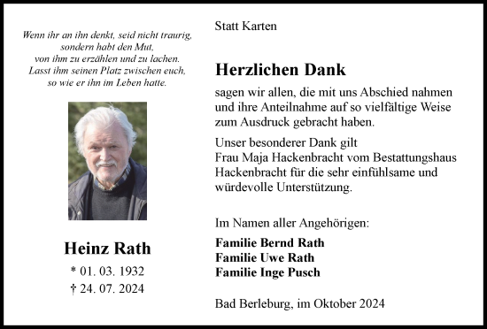 Traueranzeige von Heinz Rath von Tageszeitung