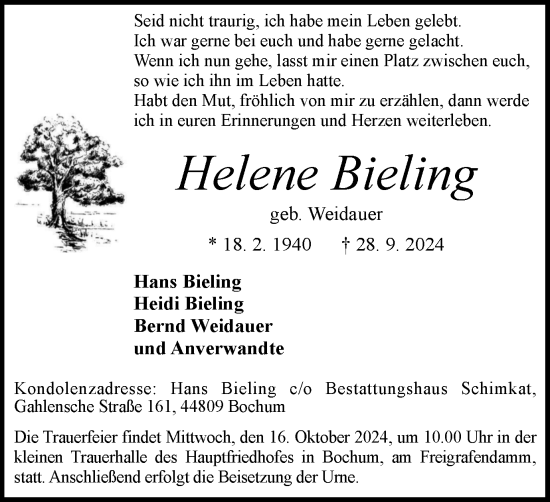 Traueranzeige von Helene Bieling von Tageszeitung