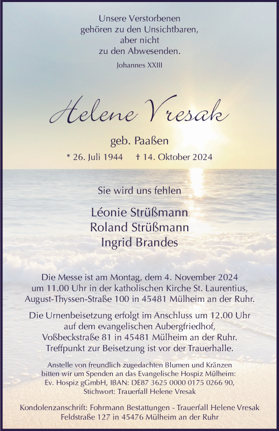 Traueranzeige von Helene Vresak von Tageszeitung