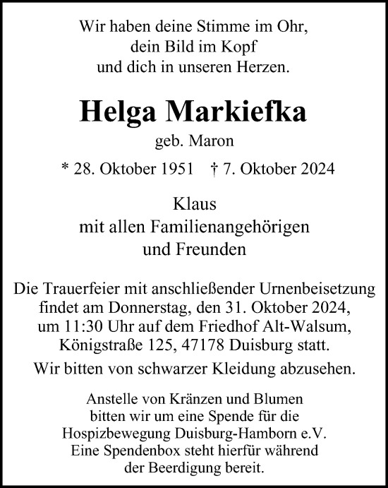 Traueranzeige von Helga Markiefka von Tageszeitung