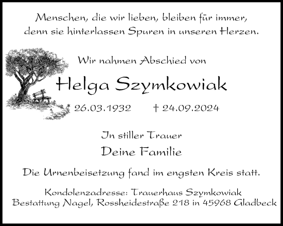 Traueranzeige von Helga Szymkowiak von Tageszeitung