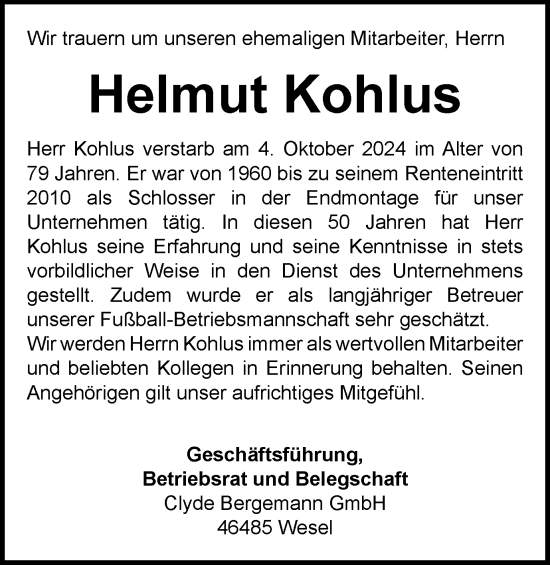 Traueranzeige von Helmut Kohlus von Tageszeitung