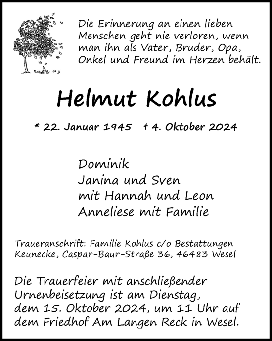 Traueranzeige von Helmut Kohlus von Tageszeitung