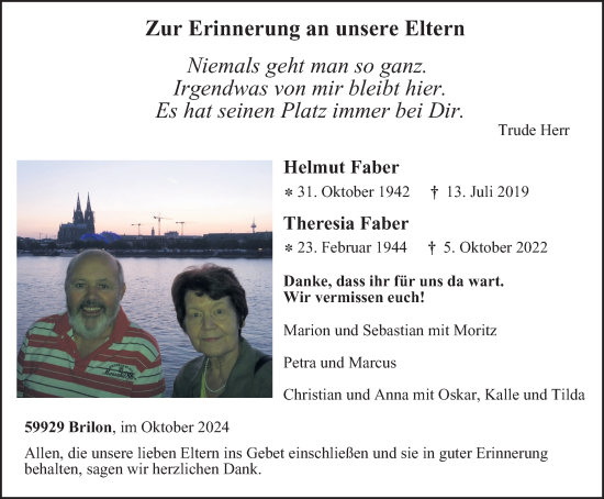 Traueranzeige von Helmut und Theresia Faber von Tageszeitung