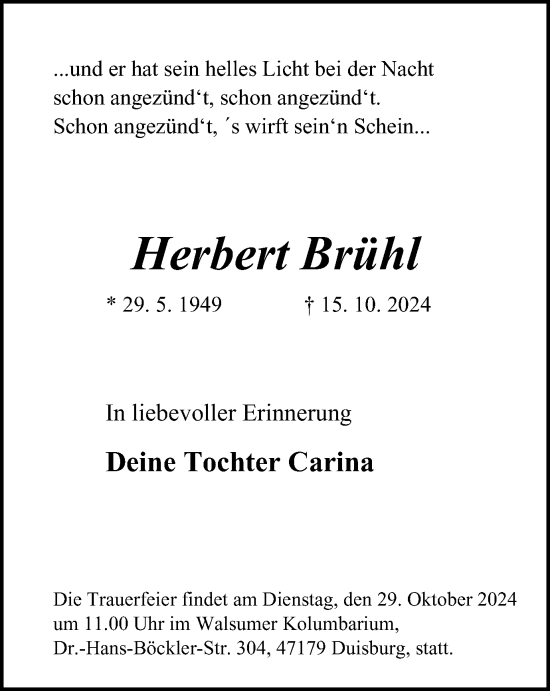 Traueranzeige von Herbert Brühl von Tageszeitung