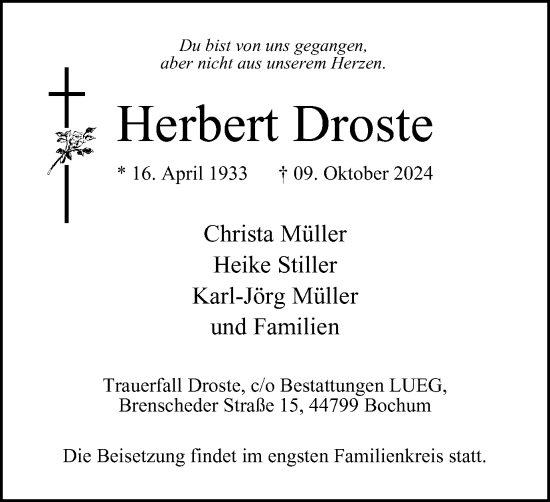 Traueranzeige von Herbert Droste von Tageszeitung