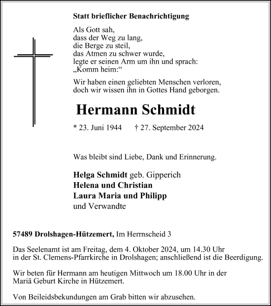 Traueranzeige von Hermann Schmidt von Tageszeitung
