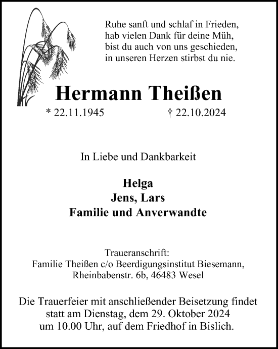 Traueranzeige von Hermann Theißen von Tageszeitung