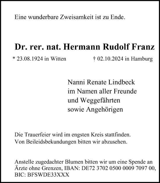 Traueranzeige von Hermann Rudolf Franz von Tageszeitung
