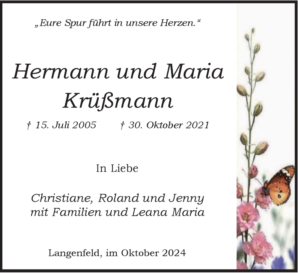  Traueranzeige für Hermann und Maria Krüßmann vom 26.10.2024 aus Tageszeitung