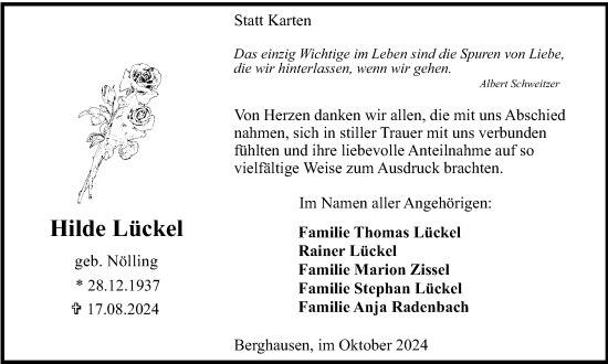 Traueranzeige von Hilde Lückel von Tageszeitung