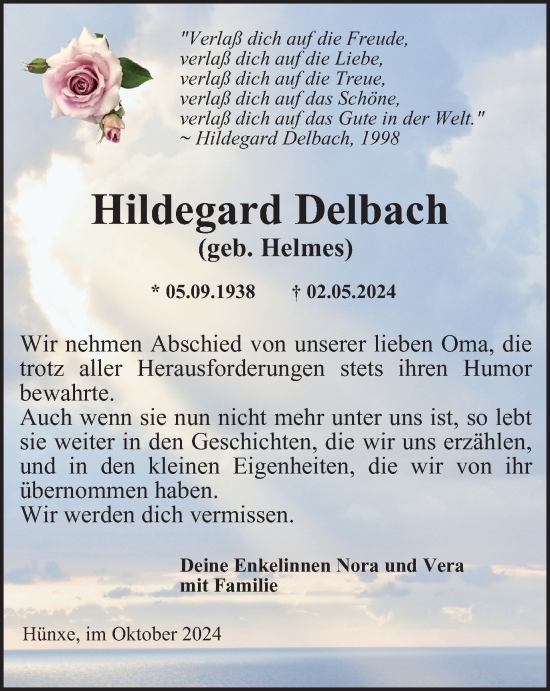 Traueranzeige von Hildegard Delbach von Tageszeitung