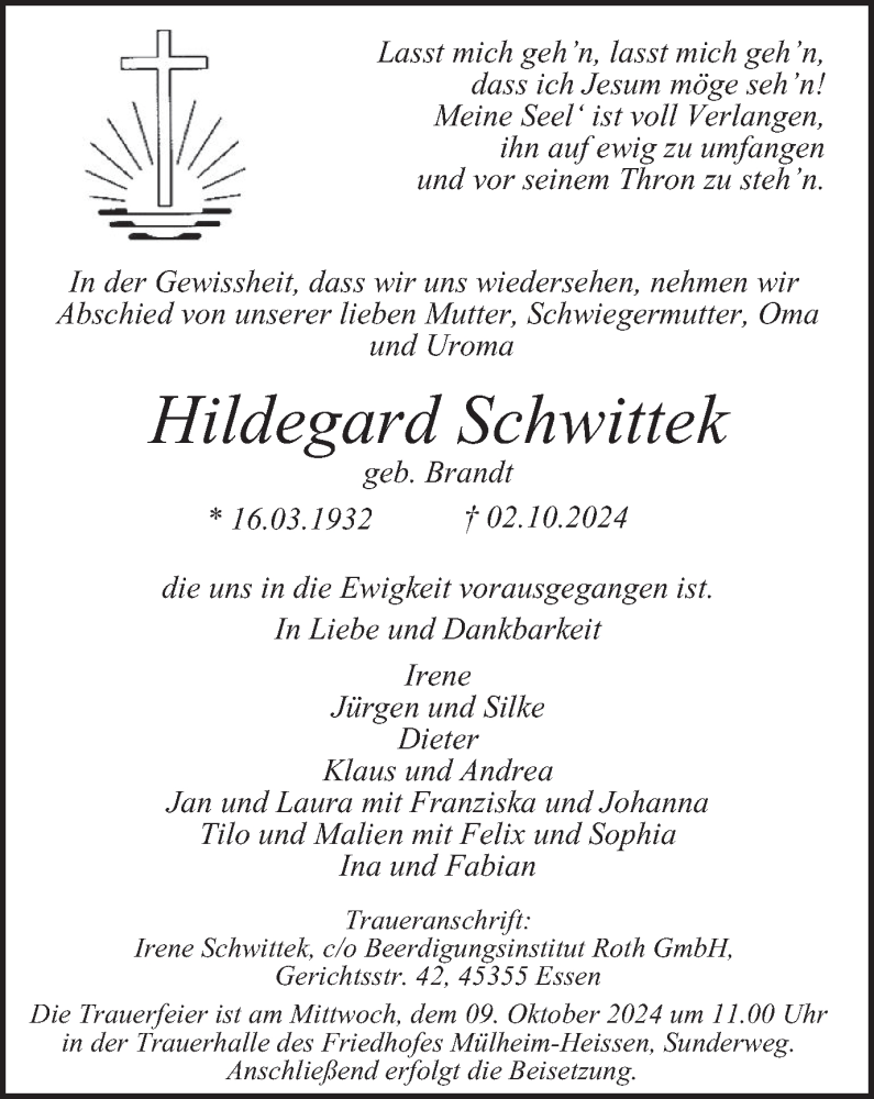  Traueranzeige für Hildegard Schwittek vom 08.10.2024 aus Tageszeitung