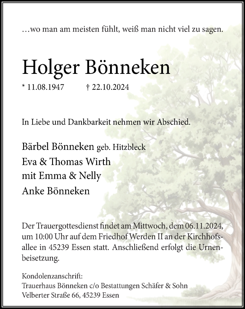  Traueranzeige für Holger Bönneken vom 31.10.2024 aus Tageszeitung