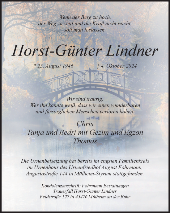 Traueranzeige von Horst-Günter Lindner von Tageszeitung