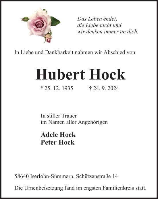 Traueranzeige von Hubert Hock von Tageszeitung
