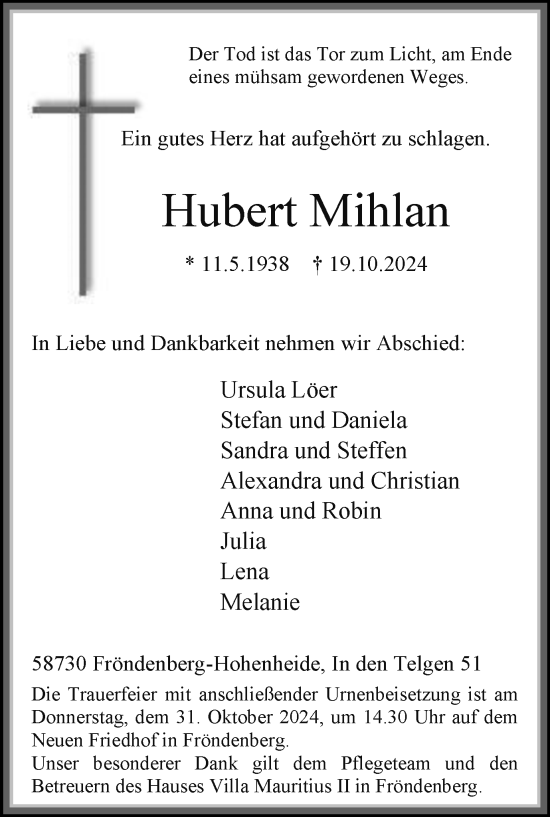 Traueranzeige von Hubert Mihlan von Tageszeitung