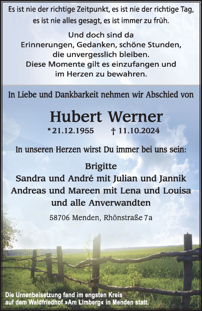  Traueranzeige für Hubert Werner vom 26.10.2024 aus Tageszeitung