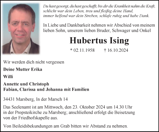 Traueranzeige von Hubertus Ising von Tageszeitung