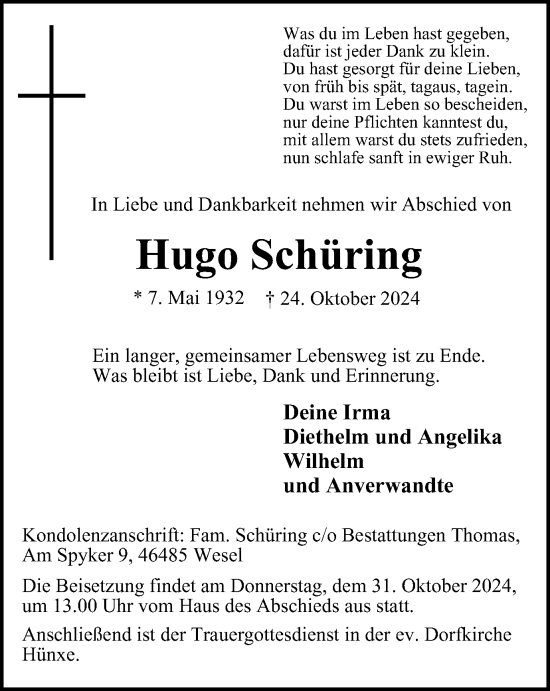 Traueranzeige von Hugo Schüring von Tageszeitung