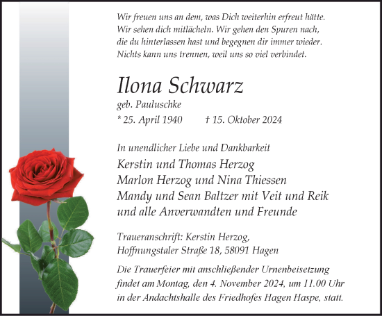 Traueranzeige von Ilona Schwarz von Tageszeitung