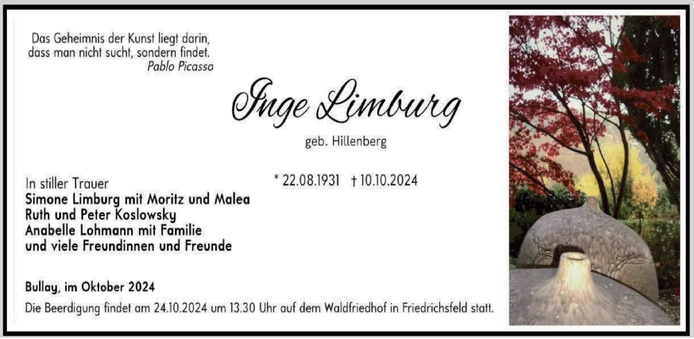  Traueranzeige für Inge Limburg vom 19.10.2024 aus Tageszeitung