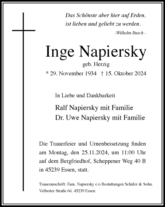 Traueranzeige von Inge Napiersky von Tageszeitung