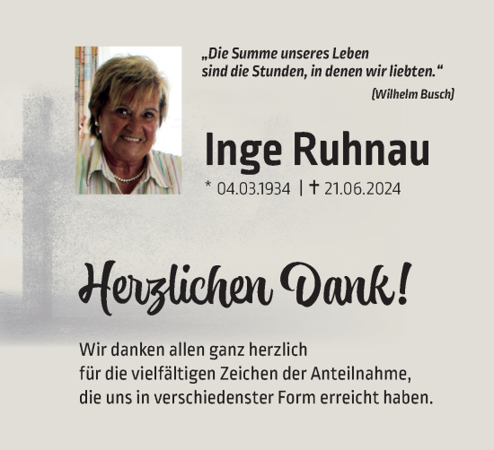Traueranzeige von Inge Ruhnau von Tageszeitung
