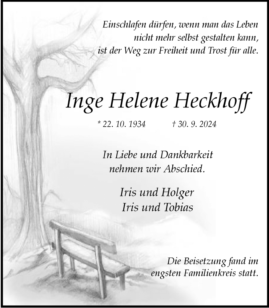  Traueranzeige für Inge Helene Heckhoff vom 12.10.2024 aus Tageszeitung