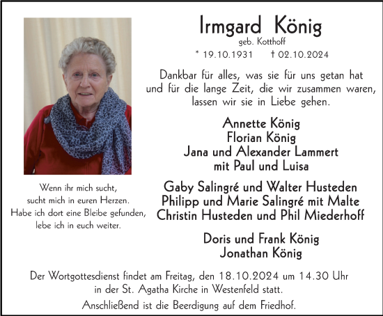 Traueranzeige von Irmgard König von Tageszeitung