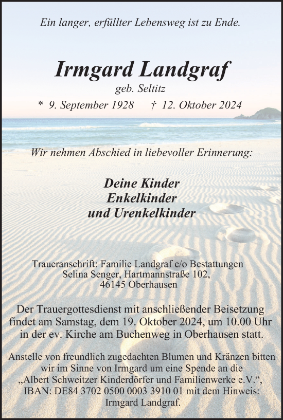 Traueranzeige von Irmgard Landgraf von Tageszeitung