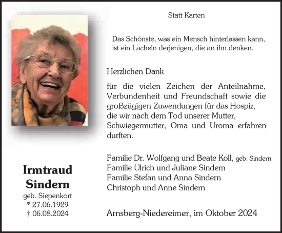 Traueranzeige von Irmtraud Sindern von Tageszeitung