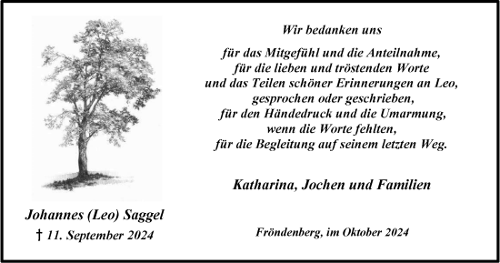 Traueranzeige von Johannes Saggel von Tageszeitung