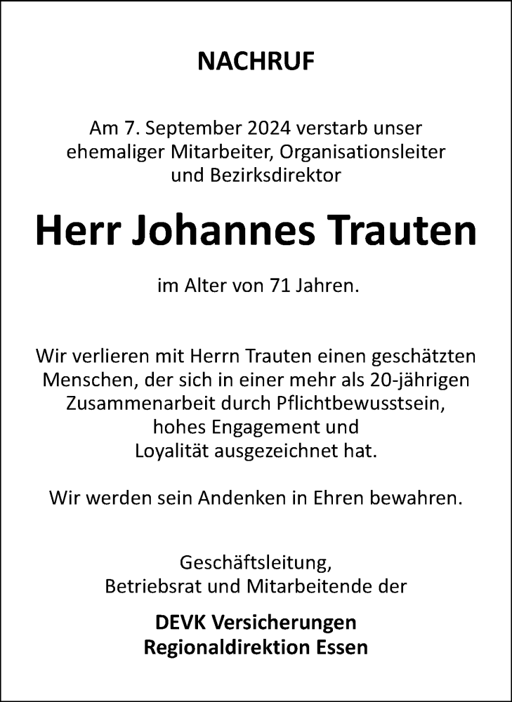  Traueranzeige für Johannes Trauten vom 01.10.2024 aus Tageszeitung